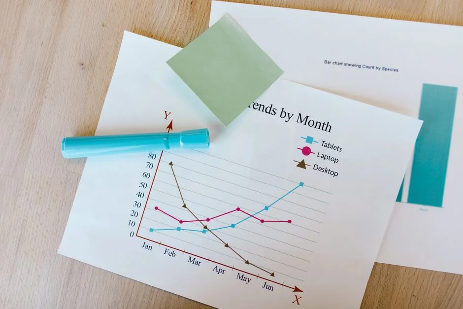 project-03-b Woman reviewing 2024 social media goals chart on laptop indoors.